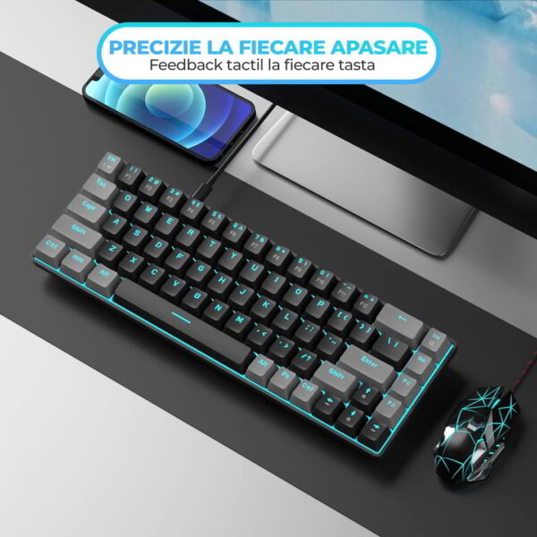 Tastatura Mecanica Gaming Timebox 60 Lumini LED 68 taste cu cablu Type C Red Swtich Portabila Negru Gri 6 - Timebox
