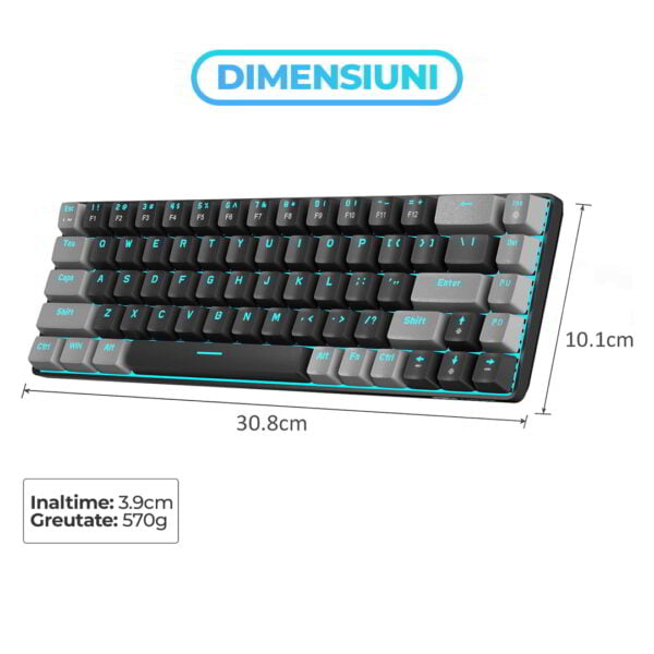 Tastatura Mecanica Gaming Timebox 60 Lumini LED 68 taste cu cablu Type C Red Swtich Portabila Negru Gri 7 - Timebox