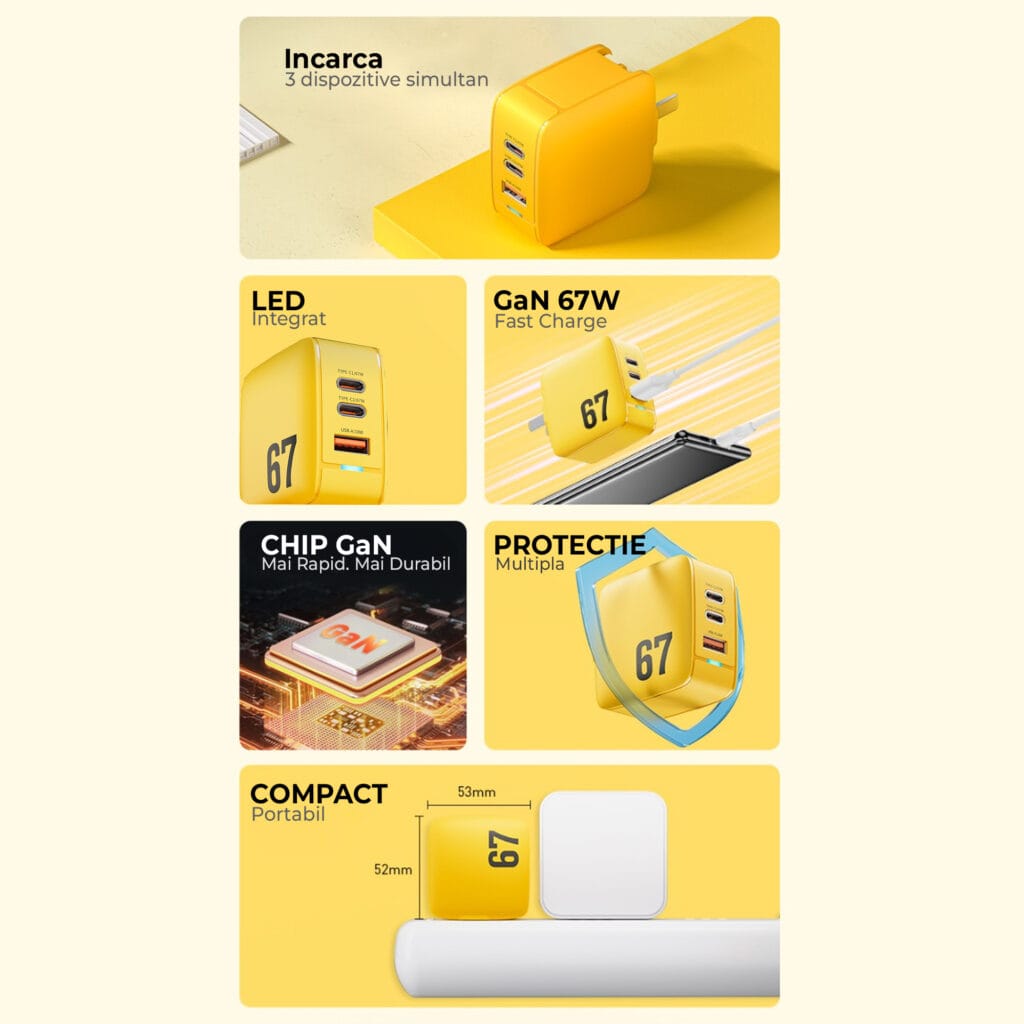 Incarcator Retea Timebox, 3 Porturi, 67W Fast-Charge, 2 x Type-C, 1 x USB, LED, FGalben 12 - Timebox 1 3 - Timebox