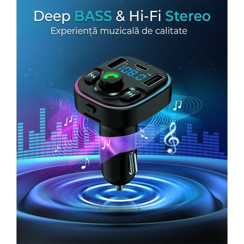 Modulator FM, Hands-Free Kit cu 10 functii, Incarcator auto cu functie de incarcare rapida, QC 3.0, Port USB Type-C, Bluetooth 5.0, Negru 7 - Timebox 1 50 - Timebox