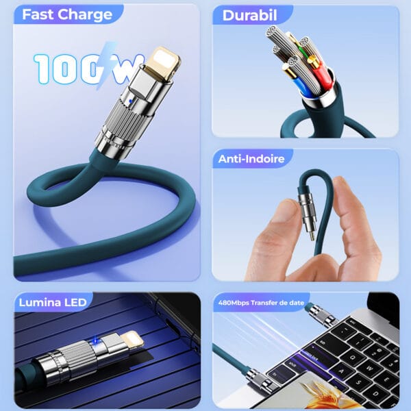 Cablu Date si Incarcare Rapida Timebox, 100W, Lighting la Type-C, 1.2m, Cauciuc, Capat metalizat, Albastru 2 - Timebox 1704462063 Cablu Date si Incarcare Rapida Timebox 100W samsung iphone apple fast charge macbook airpods ipad 2 - Timebox