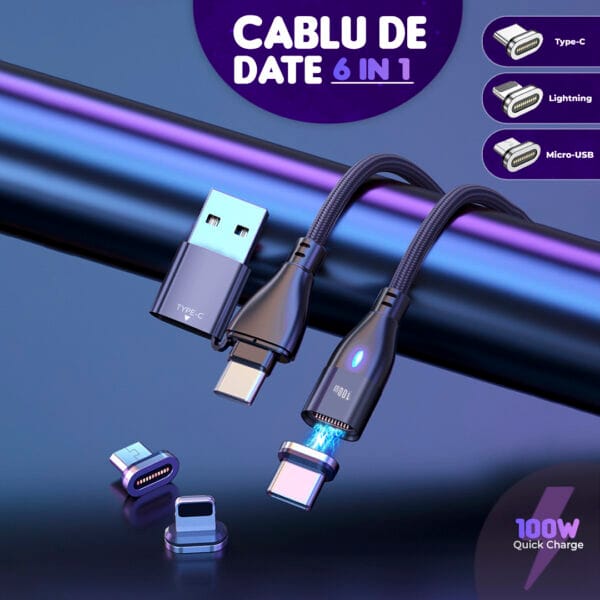 Cablu de date si Incarcare Rapida, Timebox 6 in 1, QC 3.0, 100W, Magnetic, USB, Type C, Tip Lightning, Micro-USB, 2m, Negru 2 - Timebox 1704466211 2 - Timebox