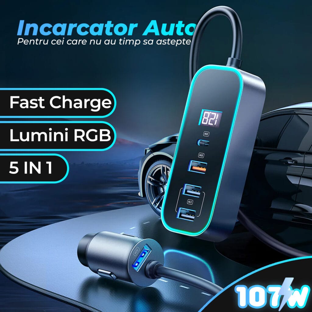 1704470151 Incarcator auto 107W Fast Charge 5 in 1 USB Type C lumini RGB Compatibil iphone samsung huawei 2 2 - Timebox