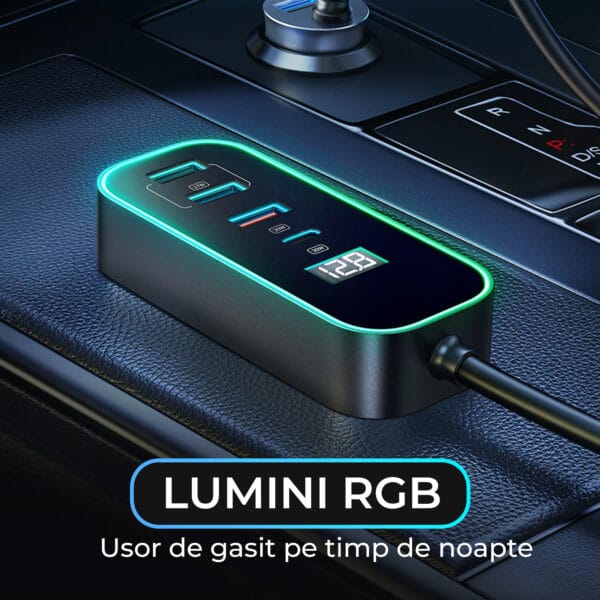 1704470164 Incarcator auto 107W Fast Charge 5 in 1 USB Type C lumini RGB Compatibil iphone samsung huawei 5 - Timebox
