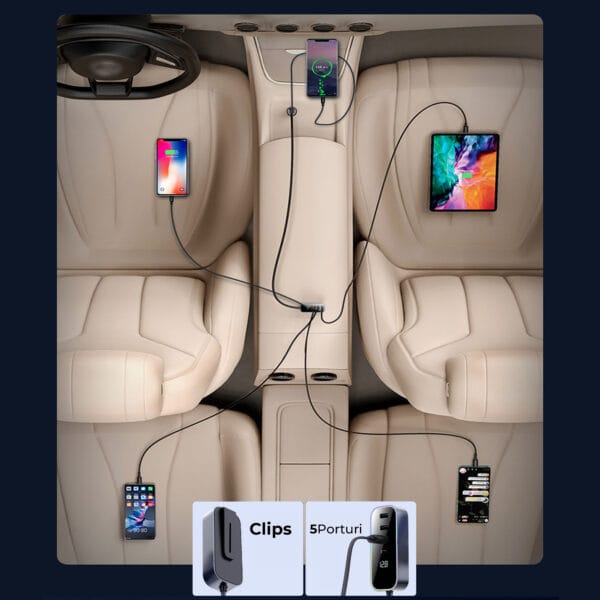 1704470251 Incarcator auto 105W Fast Charge 5 in 1 USB Type C lumini RGB Compatibil iphone samsung huawei 6 - Timebox