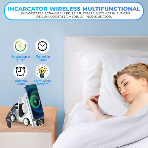 1705586153 Incarcator Wireless 3 in 1 Timebox multifunctional Fast Charge 15W cu Alarma ceas si lumini RGB Compatibil iPhone Samsung Airpods Alb 4 - Timebox
