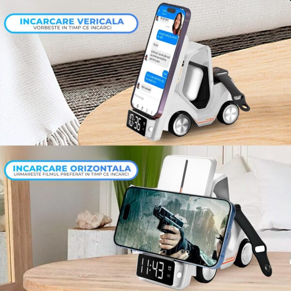 1705586157 Incarcator Wireless 3 in 1 Timebox multifunctional Fast Charge 15W cu Alarma ceas si lumini RGB Compatibil iPhone Samsung Airpods Alb 5 - Timebox