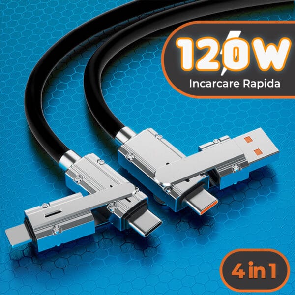 Cablu Date si Incarcare Rapida Timebox, 4 in 1, 120W, QC 3.0, USB, USB-C, Lightning, 2m, Negru 2 - Timebox 1706024958 cablu de date si incarcare rapida 4 in 1 120w type c usb lightning iphone apple android 14 1 - Timebox