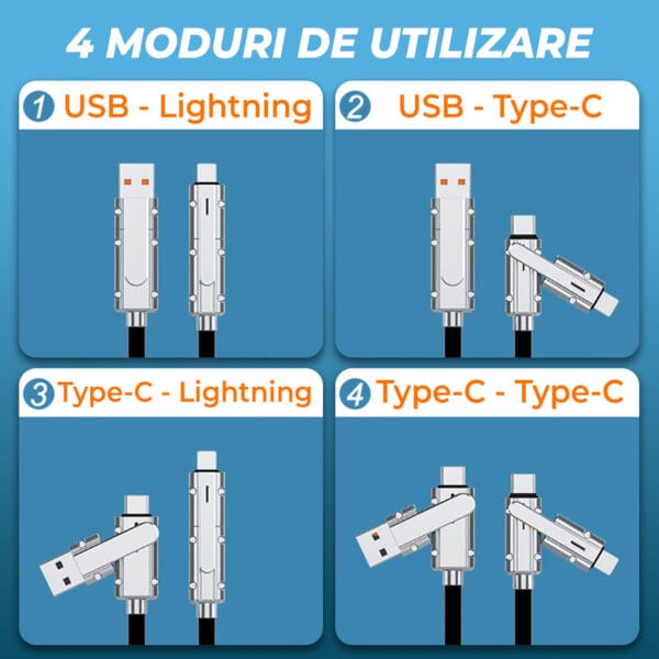 Cablu Date si Incarcare Rapida Timebox, 4 in 1, 120W, QC 3.0, USB, USB-C, Lightning, 2m, Negru 3 - Timebox 1706024958 cablu de date si incarcare rapida 4 in 1 120w type c usb lightning iphone apple android 15 1 - Timebox