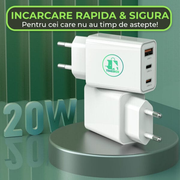 1706890412 Incarcator Retea Timebox 3 Porturi 20W Fast Charge 2 x Type C 1 x USB LED Compatibil iPhone Huawei Samsung 2 1 - Timebox