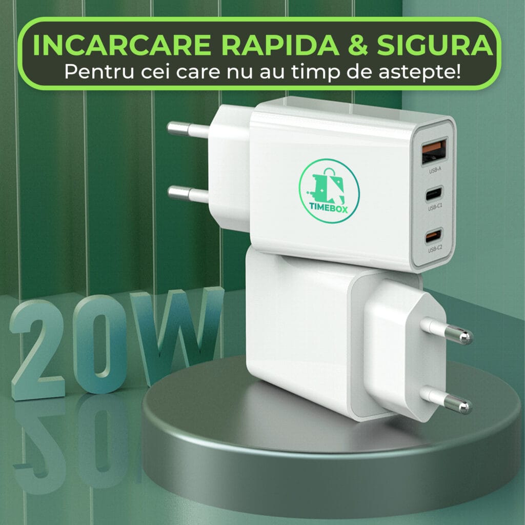 1706890412 Incarcator Retea Timebox 3 Porturi 20W Fast Charge 2 x Type C 1 x USB LED Compatibil iPhone Huawei Samsung 2 2 - Timebox