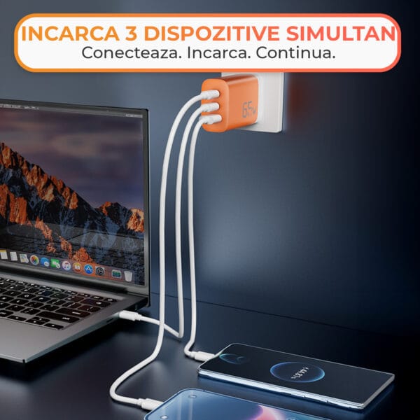 1706892325 Incarcator Retea Timebox 3 Porturi 65W Fast Charge 1 x USB 2 x Type C Laptop iPhone Huawei Samsung 14 - Timebox