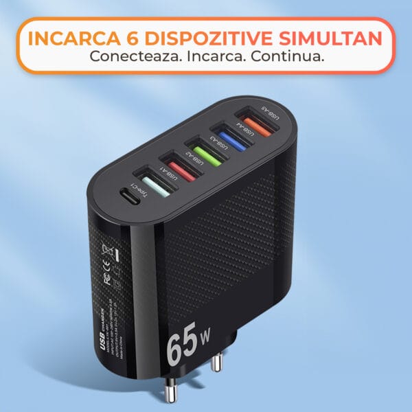 1706894014 Incarcator Retea 6 poruri 65W Fast Charge 1 x Type C 1 x USB CompactbiPhone Huawei Samsung 4 - Timebox