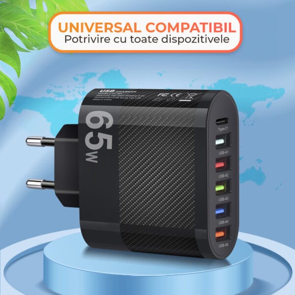 1706894018 Incarcator Retea 6 poruri 65W Fast Charge 1 x Type C 1 x USB CompactbiPhone Huawei Samsung 5 - Timebox