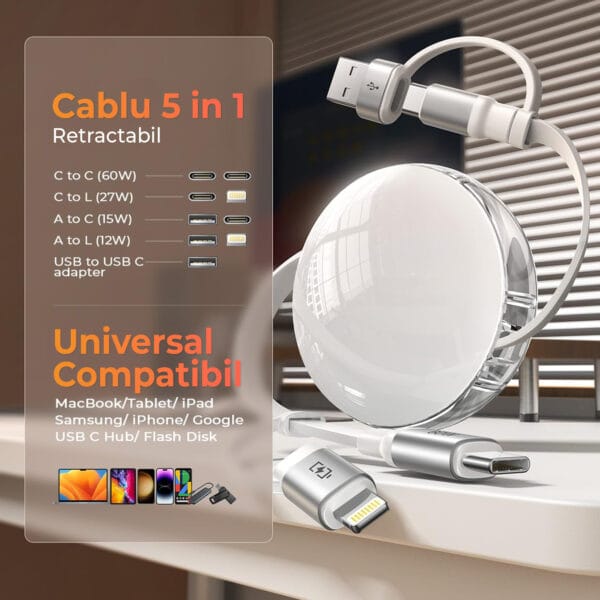 1707071559 Cablu Retractabil de Date si Incarcare Rapida 5 in 1 Timebox 60W 1m USB C la Type C Compatibil iPhone Samsung Huawei macbook 2 1 - Timebox