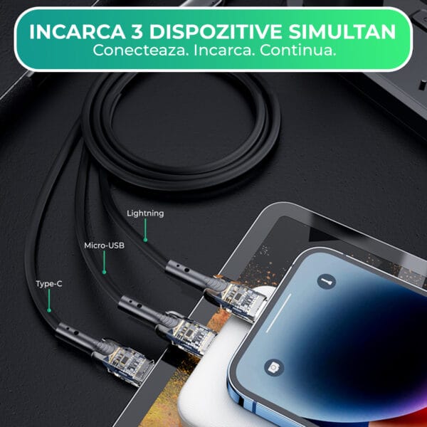 1707154676 Cablu de Incarcare si Transfer de Date 3 in 1 Fast Charge 36W 1.2m USB C Type C Lightning iPhone 15 Android Samsung Huawei Macbook Xiaomi 3 1 - Timebox