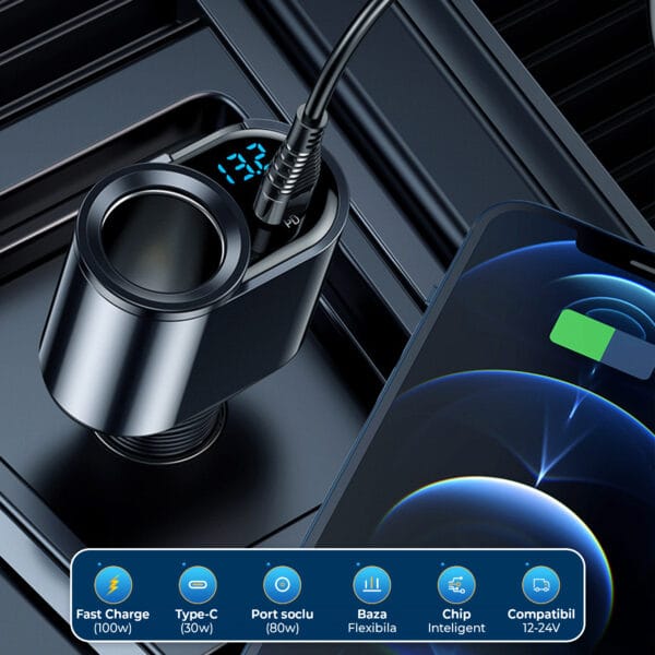 1707413860 Adaptor priza incarcator auto 4 in 1 multiplicator 166W 1 x soclu auto 2 x USB 1 x USB C afisaj display 4 - Timebox