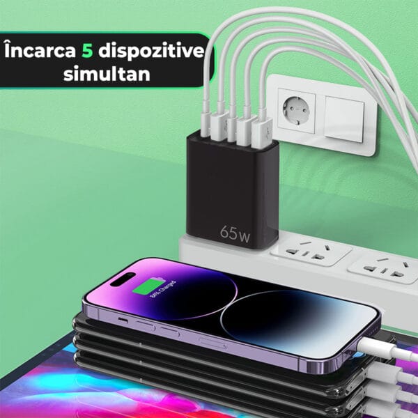 Incarcator Retea, 5 Porturi, 65W Fast Charge, 3 x USB, 2 x Type-C, Cablu de date inclus USB-C, Universal Compatibil iPhone, Huawei, Samsung, Xiaomi, Negru 2 - Timebox 1708094003 incarcator universal fast charge cablu de date type c usb c laptop telefon iphone huawei xiaomi incarcare rapida 9 - Timebox