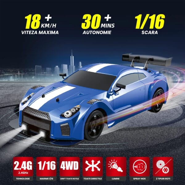 Masina cu telecomanda RC, Timebox, Drift car, 20km/h, lumini LED, cauciucuri interschimbabile, 2 baterii tip acumulator incluse, 1:16, Albastru 2 - Timebox 1709821048 Masina cu telecomanda RC Timebox Drift car 20kmh lumini LED cauciucuri interschimbabile 11 1 - Timebox