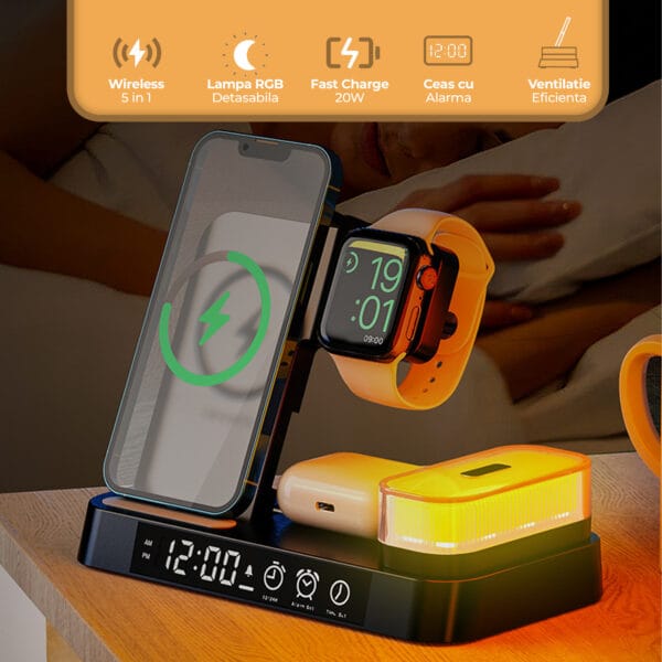 1711452243 Incarcator Wireless 5 in 1 multifunctional Fast Charge 15W lumina de noapte detasabila ceas cu alarma iPhone Samsung Airpods Huawei Apple Watch Galaxy buds 2 1 - Timebox
