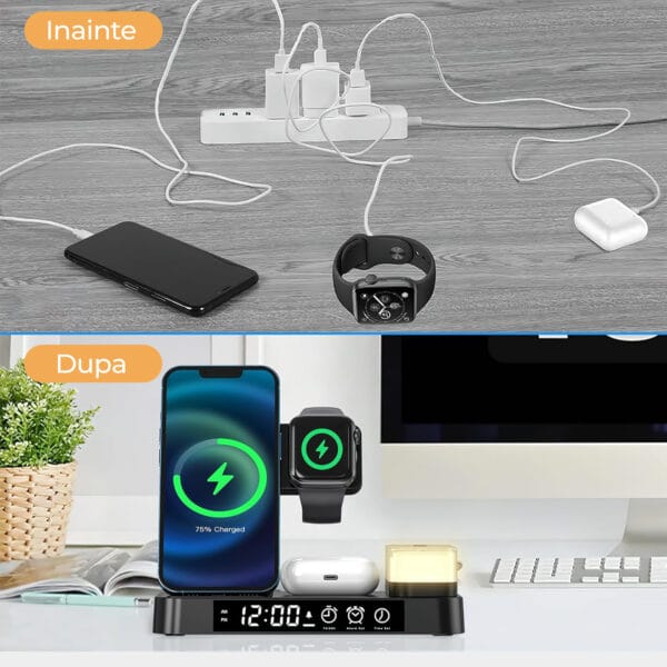 1711452243 Incarcator Wireless 5 in 1 multifunctional Fast Charge 15W lumina de noapte detasabila ceas cu alarma iPhone Samsung Airpods Huawei Apple Watch Galaxy buds 3 - Timebox