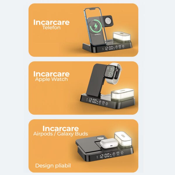 1711452243 Incarcator Wireless 5 in 1 multifunctional Fast Charge 15W lumina de noapte detasabila ceas cu alarma iPhone Samsung Airpods Huawei Apple Watch Galaxy buds 4 - Timebox