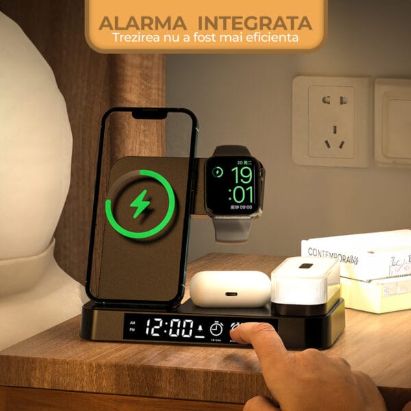 1711452243 Incarcator Wireless 5 in 1 multifunctional Fast Charge 15W lumina de noapte detasabila ceas cu alarma iPhone Samsung Airpods Huawei Apple Watch Galaxy buds 5 - Timebox