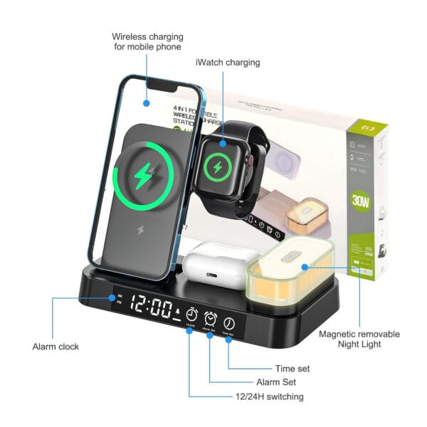 1711452243 Incarcator Wireless 5 in 1 multifunctional Fast Charge 15W lumina de noapte detasabila ceas cu alarma iPhone Samsung Airpods Huawei Apple Watch Galaxy buds 8 - Timebox