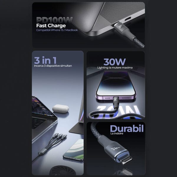 1711540094 Cablu de date si Incarcare Rapida 100W Timebox 3 in 1 Nailon Fast Charge USB Lightning Type C Micro USB iPhoneSamsung 3 1 - Timebox