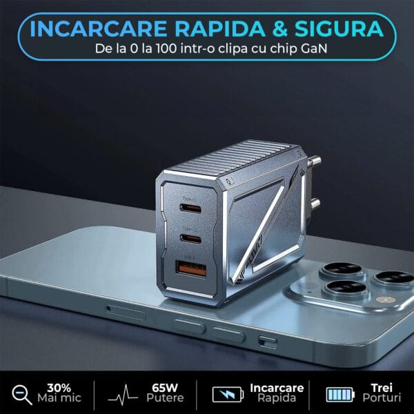 1711629488 Incarcator Retea Timebox 3 Porturi 65W Fast Charge 2 x Type C 1 x USB Compatibil iPhone Huawei Samsung 2 1 - Timebox