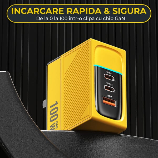 Incarcator Retea Timebox, 3 Porturi, 100W Super Fast-Charge, 2 x Type-C, 1 x Q.C 3.0, LED, Galben 3 - Timebox 1711633876 Incarcator Retea Timebox 3 Porturi 100W Fast Charge 2 x Type C 1 x USB Compatibil iPhone Huawei Samsung 3 1 - Timebox