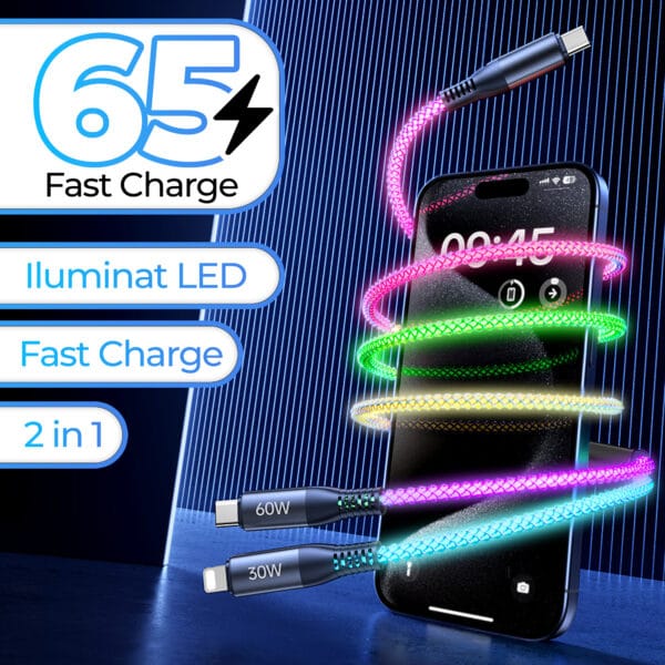 Cablu Date si Incarcare Rapida Timebox, 65W Fast Charge, 1.2m, USB-C la USB-C si Lightning, iluminat LED 2 - Timebox 1711723057 cablu de date fast charge 65w iluminat LED iphone apple macbook masina USB 2 1 - Timebox