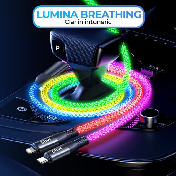Cablu Date si Incarcare Rapida Timebox, 65W Fast Charge, 1.2m, USB-C la USB-C si Lightning, iluminat LED 5 - Timebox 1711723070 cablu de date fast charge 65w iluminat LED iphone apple macbook masina USB 5 1 - Timebox