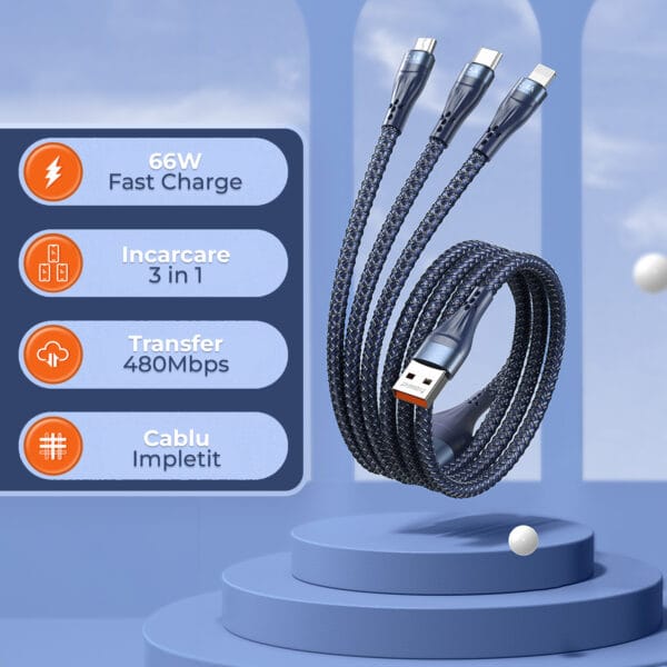 Cablu de Incarcare 3 in 1 Timebox, Fast Charge 40W, 1.2m, USB la Type-C, Lightning, MicroUSB Compatibil Macbook, iPhone, Airpods, Android, Samsung, Huawei, Xiaomi, Albastru 2 - Timebox 1711872142 Cablu de date si Incarcare Rapida 66W Timebox 3 in 1 Nailon Fast Charge USB Lightning Type C Micro USB iPhoneSamsung 2 1 - Timebox
