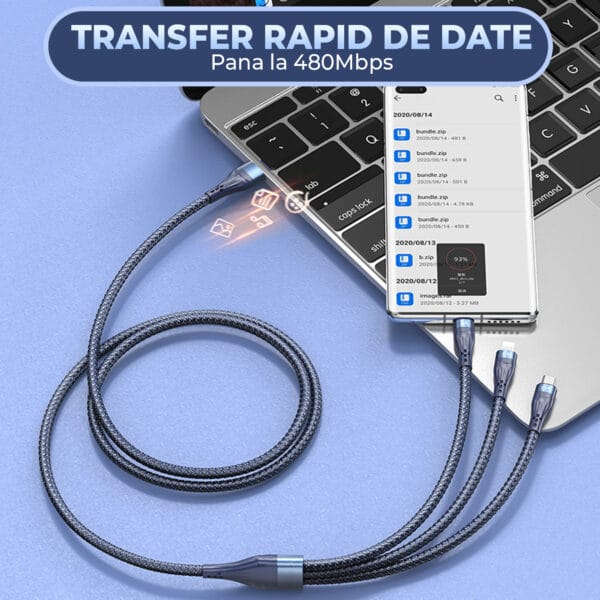 Cablu de Incarcare 3 in 1 Timebox, Fast Charge 40W, 1.2m, USB la Type-C, Lightning, MicroUSB Compatibil Macbook, iPhone, Airpods, Android, Samsung, Huawei, Xiaomi, Albastru 5 - Timebox 1711872168 Cablu de date si Incarcare Rapida 66W Timebox 3 in 1 Nailon Fast Charge USB Lightning Type C Micro USB iPhoneSamsung 5 - Timebox