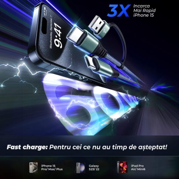 1713333412 Cablu de incarcare 3 in 1 si transfer de date Fast Charge 65W USB C Type C Lightning iphone 15 Android Samsung Huawei Macbook Xiaomi 4 - Timebox