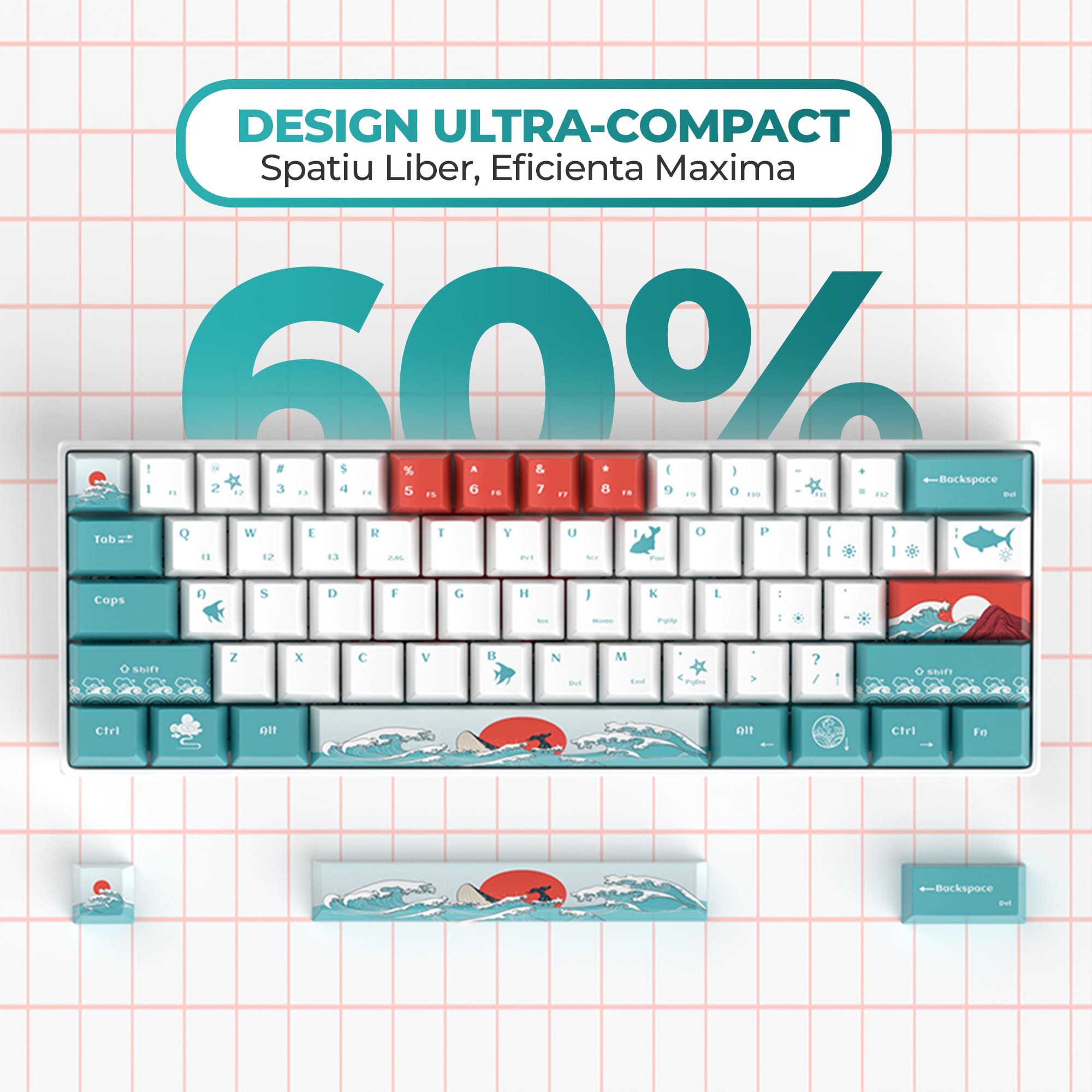 1714065917 Tastatura Mecanica Gaming Timebox 60Wireless 2.4G Bluetooth iluminare RGB 61 taste PBT Dye sub cu cablu Type C Silver Swtich Hot swappable Portabila Coral 3 - Timebox
