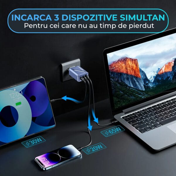 1714310258 Incarcator Retea Timebox 3 Porturi 65W Fast Charge 2 x Type C 1 x USB Compatibil iPhone Huawei Samsung 3 1 - Timebox