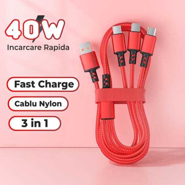 Cablu Date si Incarcare Rapida Timebox, 3 in 1, QC 3.0, 40W, USB-C, USB, Lightning, 1.2m, Compatibil Samsung, Huawei, iPhone, Rosu 2 - Timebox 1714381763 2 1 - Timebox