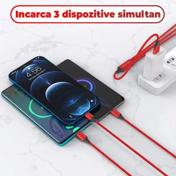 Cablu Date si Incarcare Rapida Timebox, 3 in 1, QC 3.0, 40W, USB-C, USB, Lightning, 1.2m, Compatibil Samsung, Huawei, iPhone, Rosu 3 - Timebox 1714381764 3 - Timebox