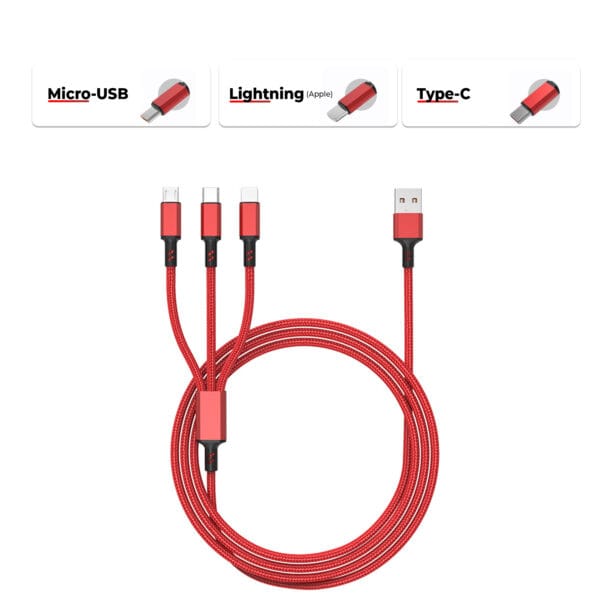 Cablu Date si Incarcare Rapida Timebox, 3 in 1, QC 3.0, 40W, USB-C, USB, Lightning, 1.2m, Compatibil Samsung, Huawei, iPhone, Rosu 5 - Timebox 1714381764 5 - Timebox
