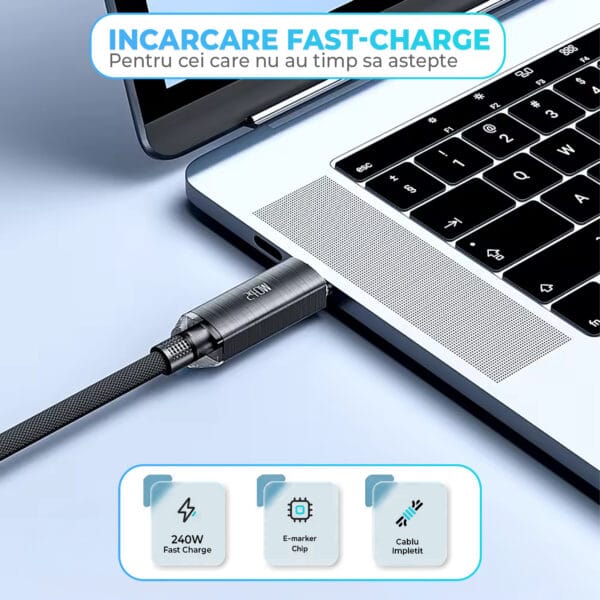 Cablu de Incarcare si Transfer de Date, Timebox, Super Fast-Charge 240W, 2m, Nylon, USB-C la Type-C, Negru 2 - Timebox 1716633824 cablu de date si incarcare rapida fast charge 240w usb c type c nylon iphone 15led samsung huawei 2 1 - Timebox