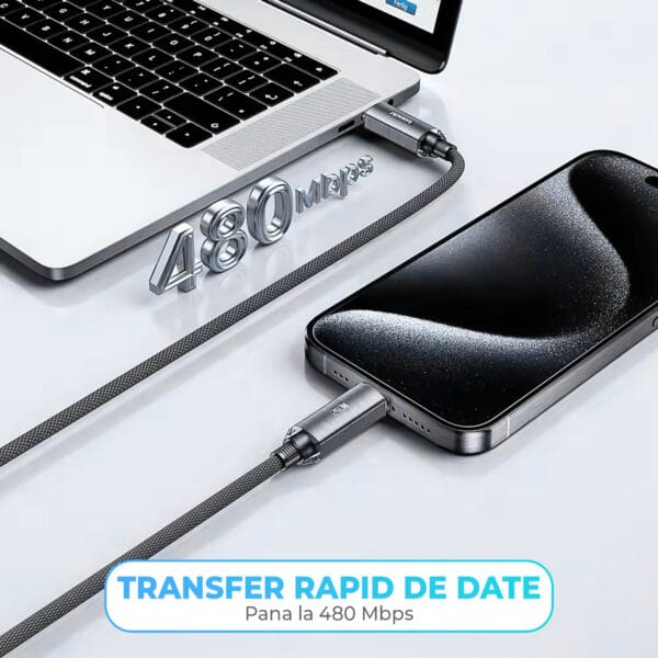Cablu de Incarcare si Transfer de Date, Timebox, Super Fast-Charge 240W, 2m, Nylon, USB-C la Type-C, Negru 5 - Timebox 1716634190 cablu de date si incarcare rapida fast charge 240w usb c type c nylon iphone 15led samsung huawei 3 - Timebox