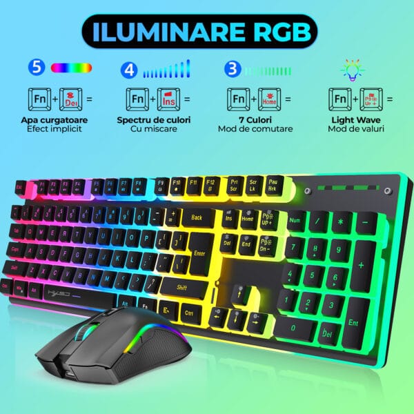 Kit Tastatura, Mouse Gaming, Timebox, RGB, Wireless, 2.4 GHz, 7 culori si moduri de iluminare, 104 taste Design Ergonomic, Negru 4 - Timebox 1717505080 Kit Tastatura Mouse Gaming Timebox RGB Wireless 2.4 GHz 7 culori si moduri de iluminare Design Ergonomic Negru 4 1 - Timebox