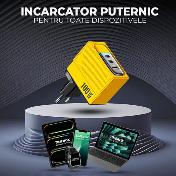 Incarcator Retea Timebox, 3 Porturi, 100W Super Fast-Charge, 2 x Type-C, 1 x Q.C 3.0, LED, Galben 9 - Timebox 1720618092 gs 297 ylw - Timebox