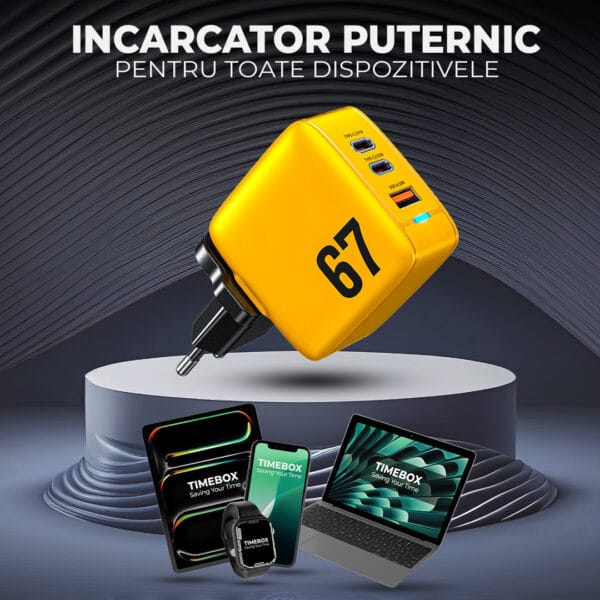 Incarcator Retea Timebox, 3 Porturi, 67W Fast-Charge, 2 x Type-C, 1 x USB, LED, FGalben 8 - Timebox 1720684903 gs 298 ylw - Timebox