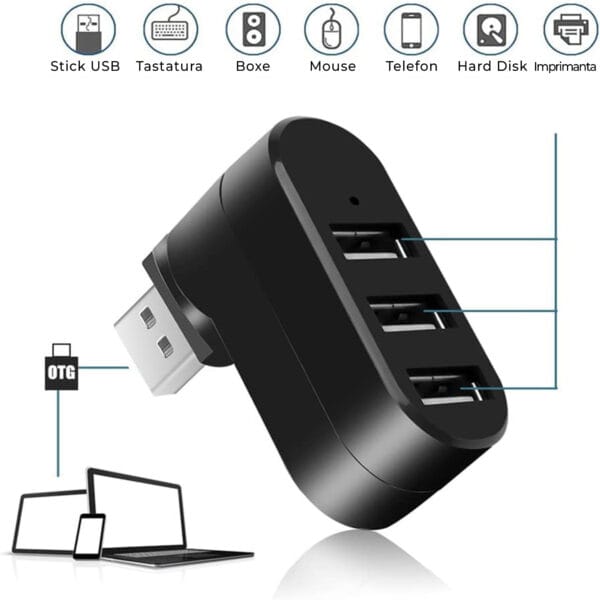 Hub USB extern 3 in 1, Rotativ 180 grade, Adaptor cu 3 porturi, USB 3.0, Splitter, Compatibil Laptop, MacBook, PC, Negru 2 - Timebox 41304092 1 - Timebox