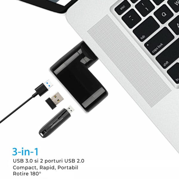 Hub USB extern 3 in 1, Rotativ 180 grade, Adaptor cu 3 porturi, USB 3.0, Splitter, Compatibil Laptop, MacBook, PC, Negru 4 - Timebox 41304095 - Timebox
