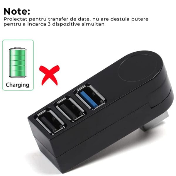 Hub USB extern 3 in 1, Rotativ 180 grade, Adaptor cu 3 porturi, USB 3.0, Splitter, Compatibil Laptop, MacBook, PC, Negru 5 - Timebox 41304097 - Timebox