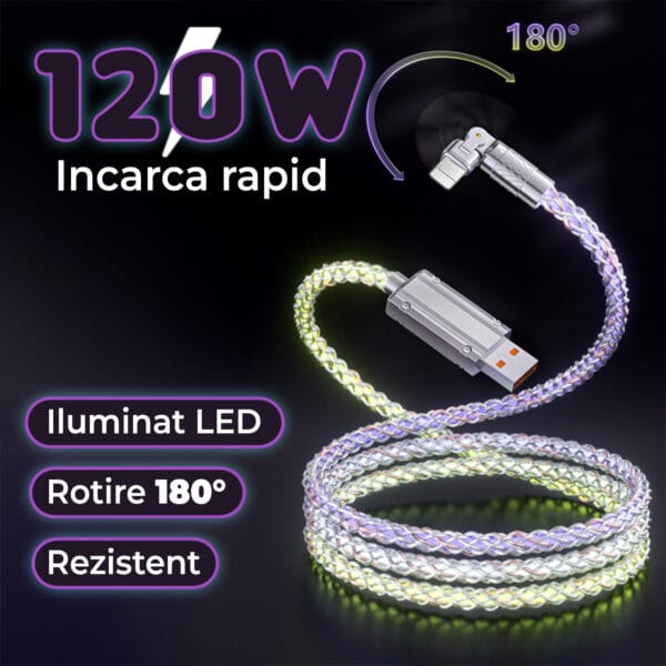 Cablu Date si Incarcare Rapida Timebox, 120W Fast Charge, USB - Lightning, iluminat LED, Masina - 1m 2 - Timebox 42457781 1 - Timebox